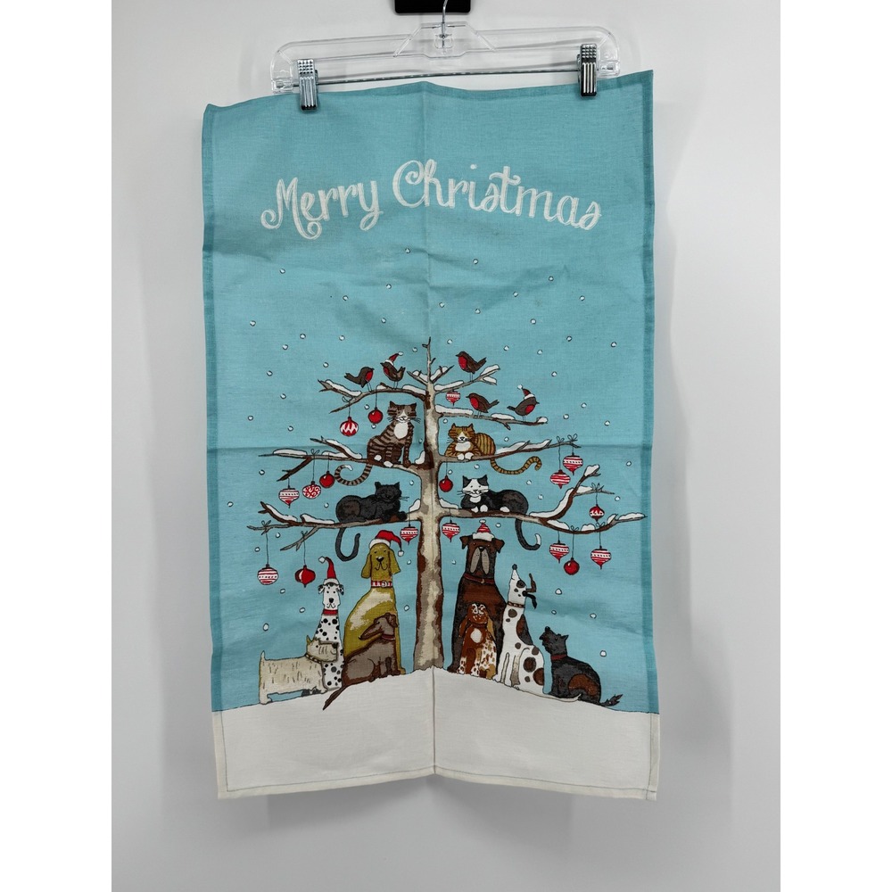 Ulster Weavers Merry Christmas Tea Towel Cats Dogs Birds Linen Blue Holiday NWT